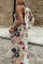 Ninah Satin Tie-dye Print Tie-up Neck One Sleeve H-line Maxi Dress