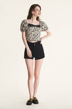 Beige Leaf Print Puff Sleeve Bow Detail Crop Top