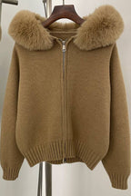 Fur-collar zip-up cardigan