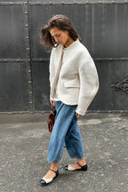 Solid Color Tweed V-Neck Coat