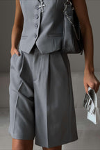 Casual V Neck Single Breasted Two Piece Vest Shorts Set