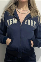 Fur Collar Letter Print ZipUp Hoodie