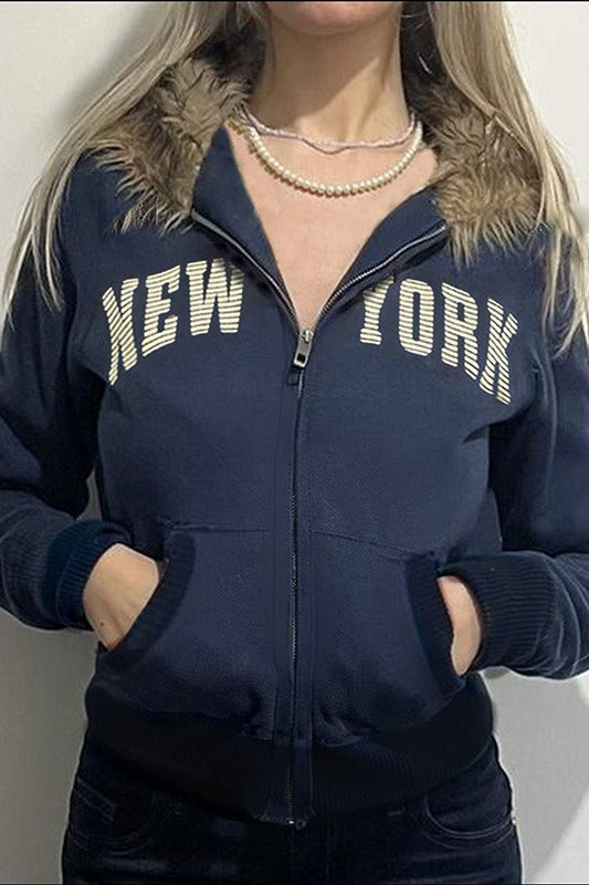 Fur Collar Letter Print ZipUp Hoodie