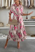 Elegant Ease Satin Printed Tie-Waist Midi Dress