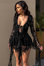 Lace Ruffle Tie Long Sleeve Mini Dress