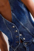 Vintage Distressed Waist-Cinched Sleeveless Denim Vest