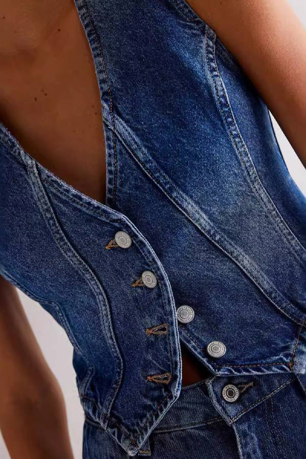 Vintage Distressed Waist-Cinched Sleeveless Denim Vest