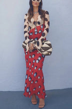 Sabine Animal and Butterfly Print Colorblock Long Sleeve Bias Cut Maxi Dress