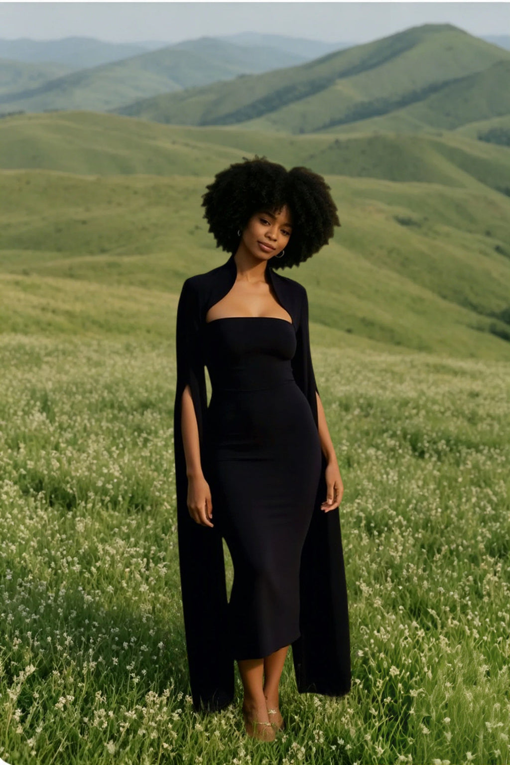 Cape Long Sleeve Back Slit Midi Dress
