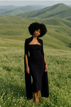 Cape Long Sleeve Back Slit Midi Dress