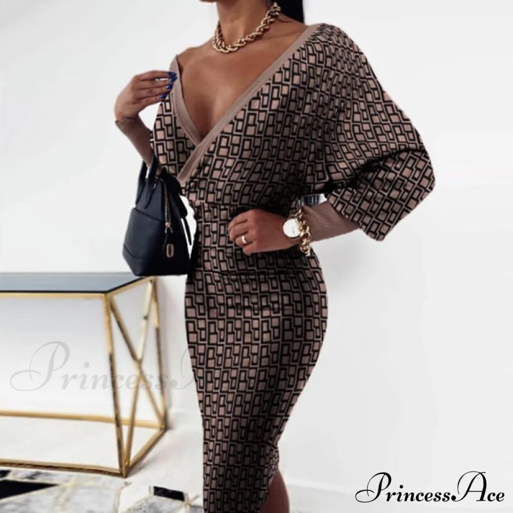 Deep - Party - V-Neck Plaid Gown Long Hip Streetwear Arm Spring Casual Autumn Gown Striped Vestidos