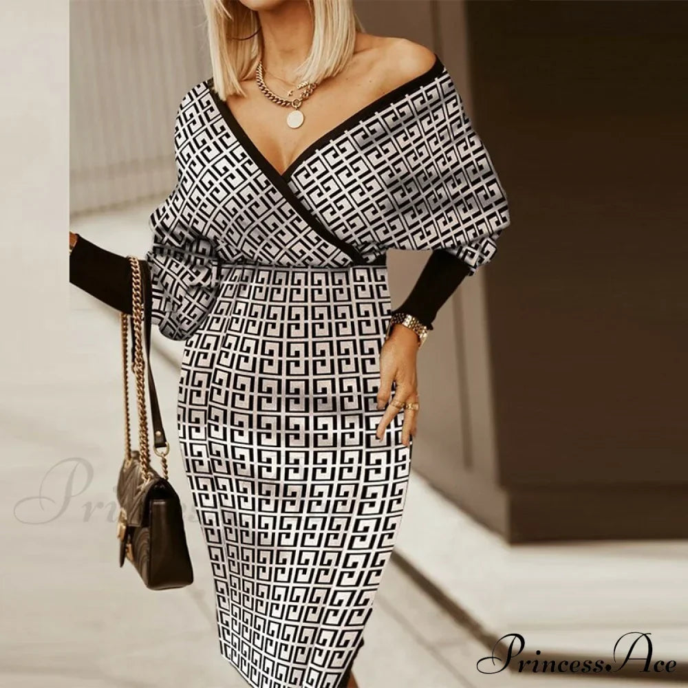 Deep - Party - V-Neck Plaid Gown Long Hip Streetwear Arm Spring Casual Autumn Gown Striped Vestidos