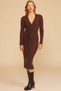 Deep V Button Up Long Sleeve Winter Rib Sweater Midi Dress - Coffee