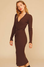 Deep V Button Up Long Sleeve Winter Rib Sweater Midi Dress - Coffee