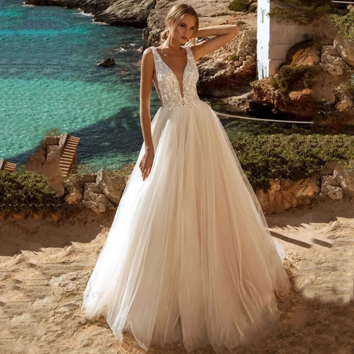 Deep V-Neck Backless Sheer Wedding Dress