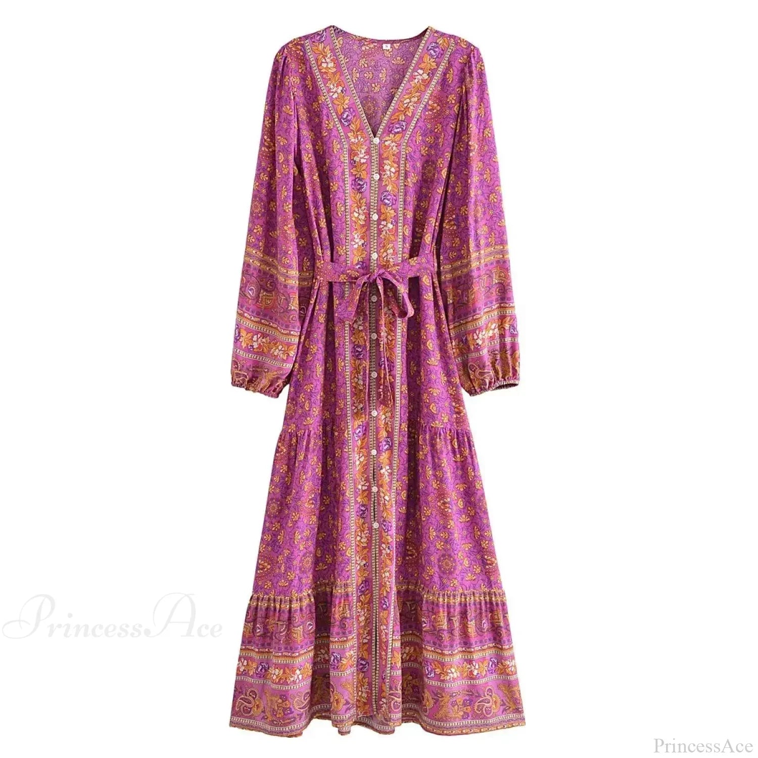 Deep V-neck Floral Long Sleeve Cotton Boho Dress