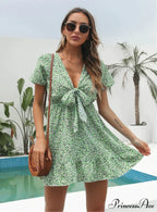Deep V-Neck Flounces Chiffon Flowered Top