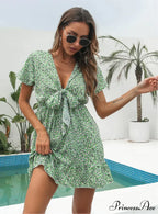 Deep V-Neck Flounces Chiffon Flowered Top