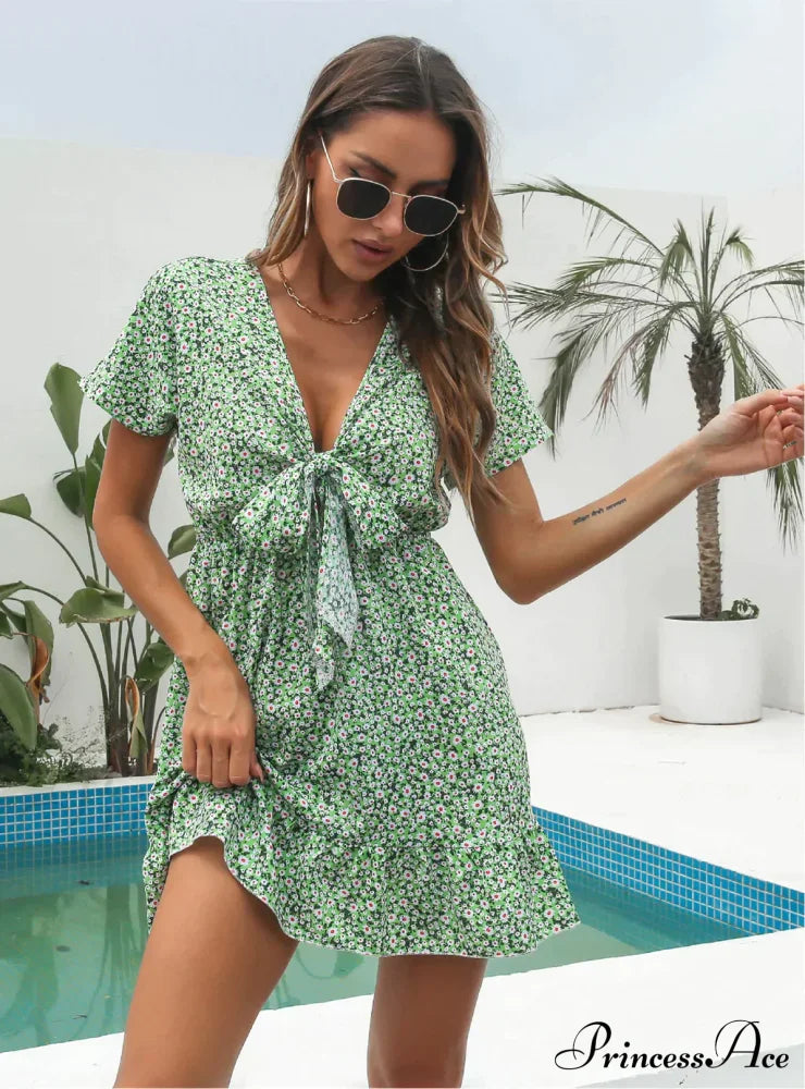 Deep V-Neck Flounces Chiffon Flowered Top
