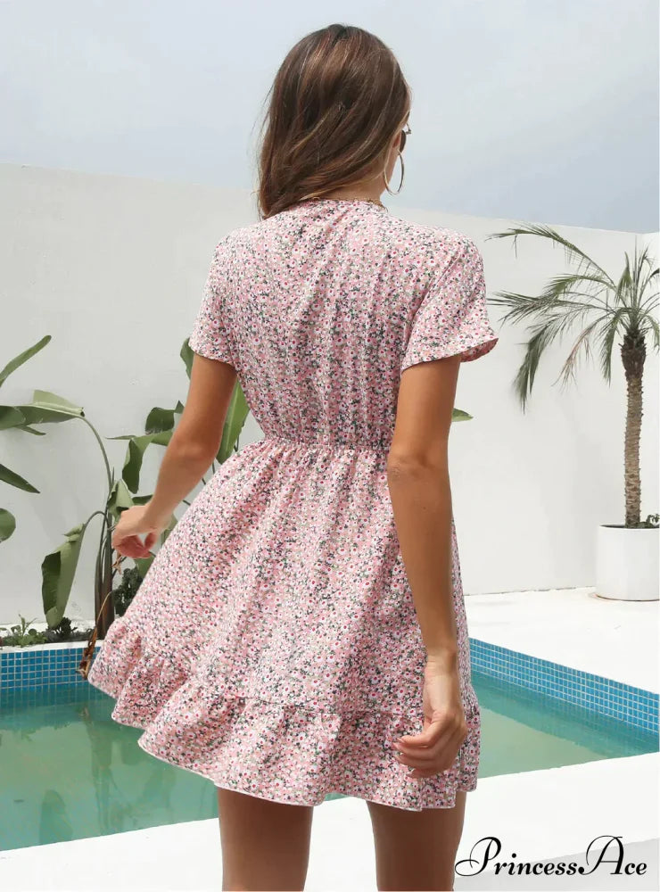 Deep V-Neck Flounces Chiffon Flowered Top
