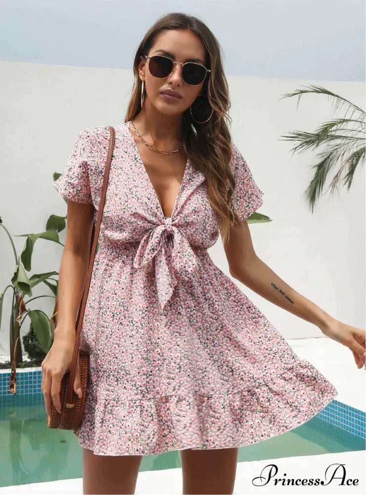 Deep V-Neck Flounces Chiffon Flowered Top
