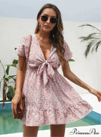 Deep V-Neck Flounces Chiffon Flowered Top