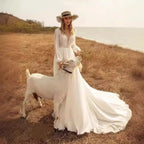 Deep V-Neck Long Sleeve Bridal Wedding Dress