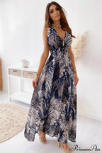 Deep V Neck Print Sleeveless Boho Dress