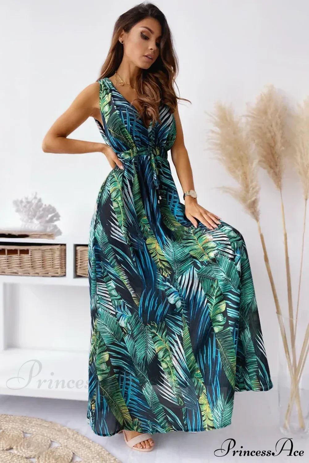 Deep V Neck Print Sleeveless Boho Dress