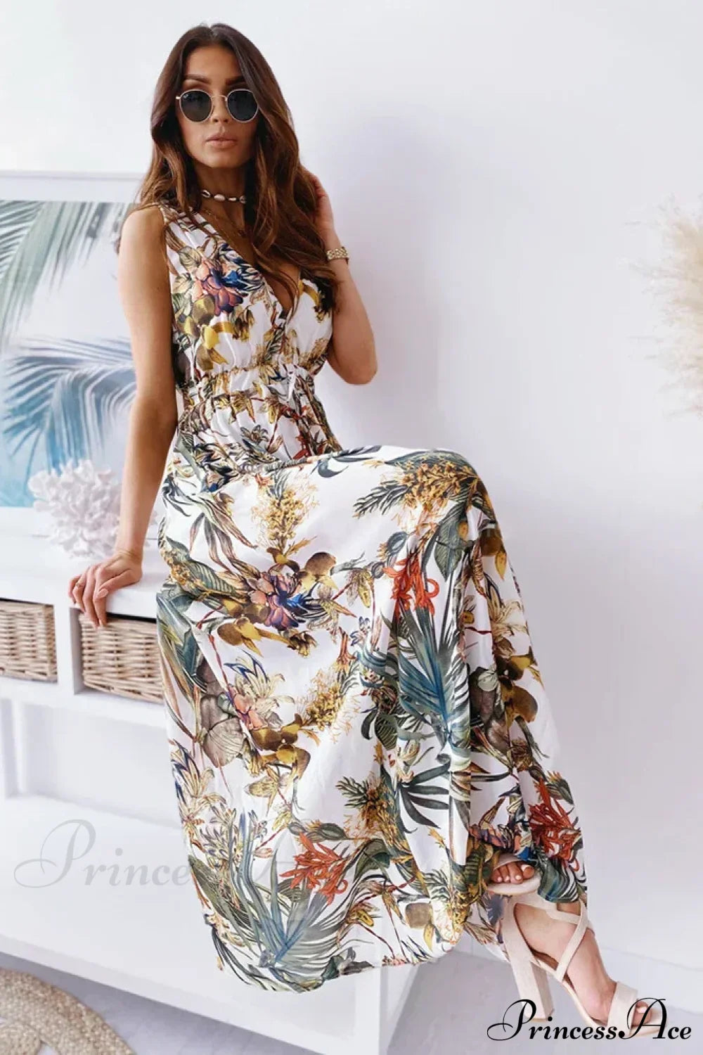 Deep V Neck Print Sleeveless Boho Dress