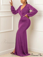 Deep V-neck Sequins Trendy Slit Maxi Dress