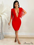 Deep V Neck Spaghetti Strap Classic Ruched Party Mini Dress - Red