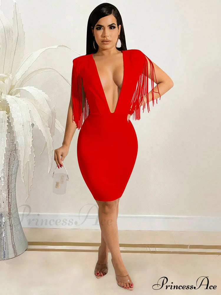 Deep V Neck Spaghetti Strap Classic Ruched Party Mini Dress - Red