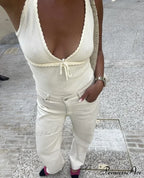 Deep V-Neck Stylish White Seam Top