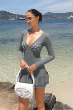 Deep V Sexy Long Sleeve Ruffled Slim Bodycon Mini Dress
