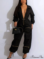 Deep V Shawl Collar Bishop Sleeve Jumpsuit
