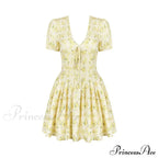 Deep V Short Sleeve Mini Women's Lined Fashion Ball Gown Club Party OutFit Summer Floral Dress