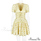 Deep V Short Sleeve Mini Women's Lined Fashion Ball Gown Club Party OutFit Summer Floral Dress