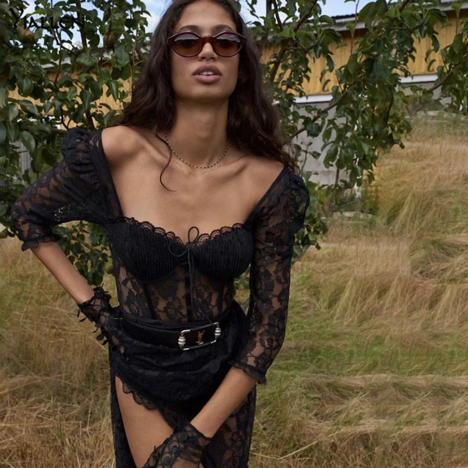 Delilah Sexy Lace Charming Split Maxi Dress