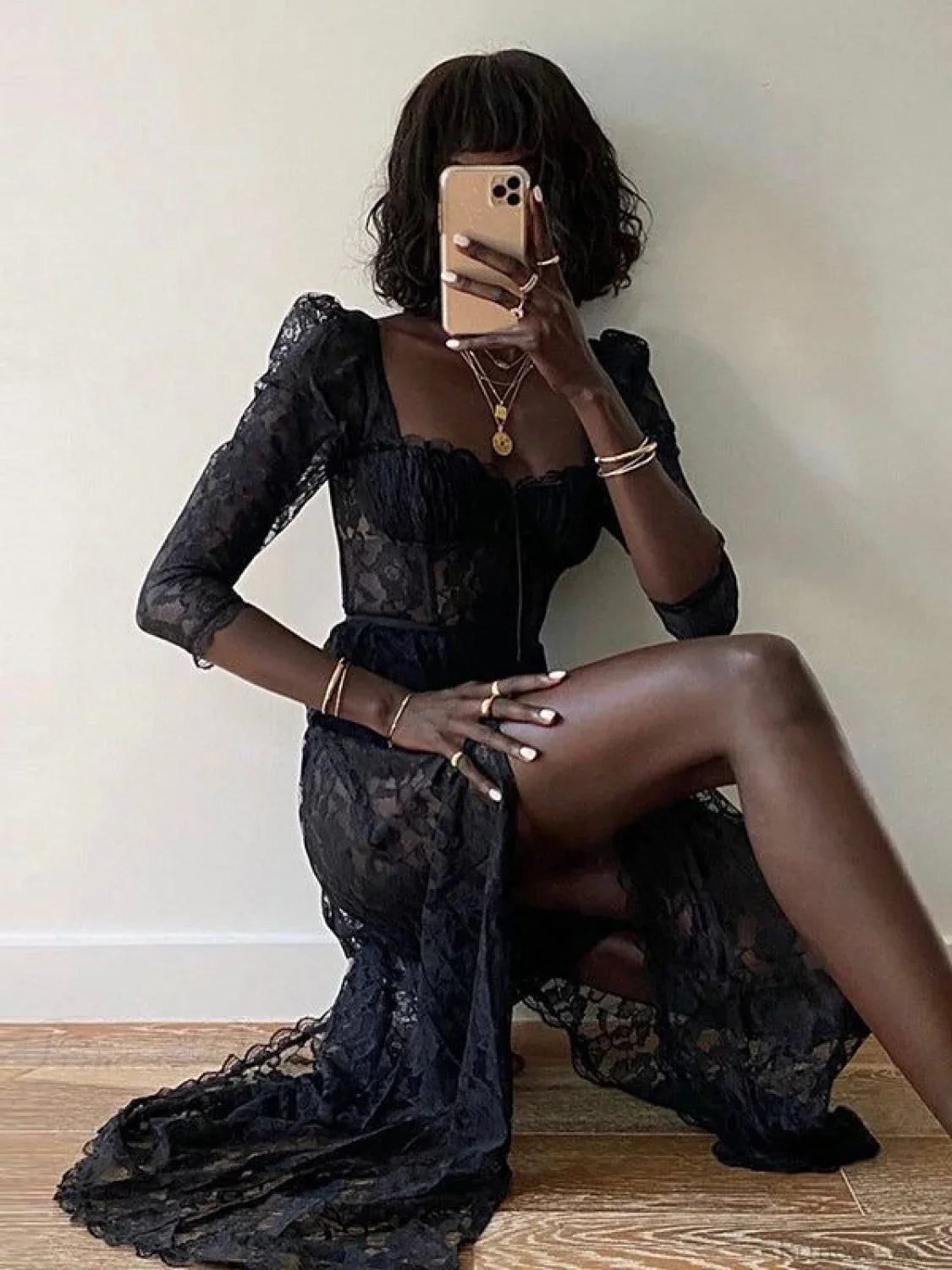 Delilah Sexy Lace Charming Split Maxi Dress