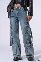 Denim Multi-Pocket Wide-Leg Cargo Pants