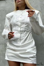 Denim Padded Shoulder Crew Neck Tie Waist Mini Dress