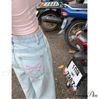 Denim Pink Pocket Charming Bow Embroidery Jeans