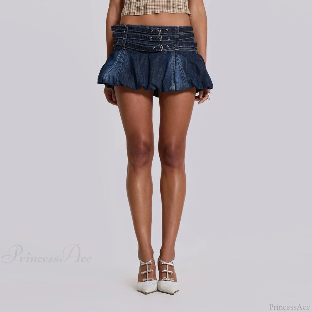 Denim Ruffle Buckled Belted Skirt