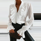 Denim Ruffled V Neck Pleated Blouse