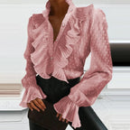 Denim Ruffled V Neck Pleated Blouse