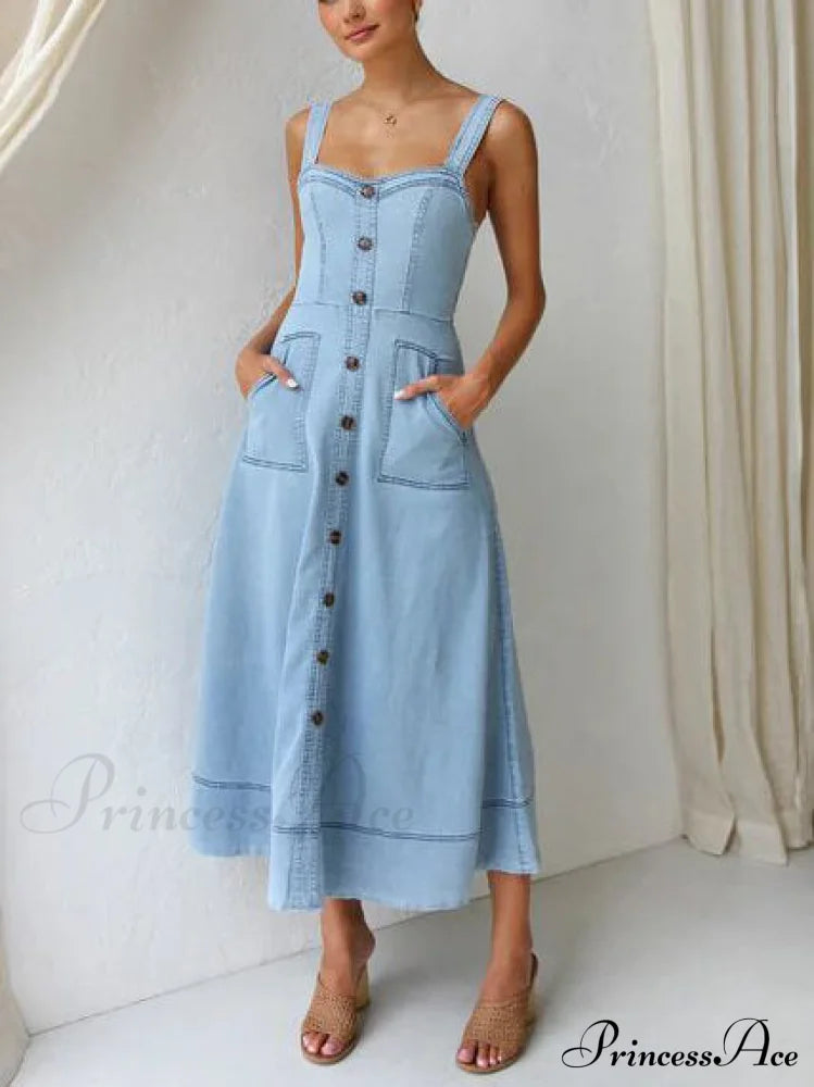 Denim Suspender Casual Charming Button Midi Dress