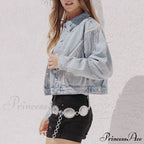 Denim Turndown Collar Splice Rhinestone Tassel Long Sleeve Loose Button Woman Clothing Warm Chic Stylish Elegant Fashionable Versatile Jacket