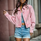 Denim Turndown Collar Splice Rhinestone Tassel Long Sleeve Loose Button Woman Clothing Warm Chic Stylish Elegant Fashionable Versatile Jacket