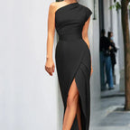 Brianna Boutique Formal Solid Slit Asymmetrical Slant Collar Evening Dresses Dress Collection